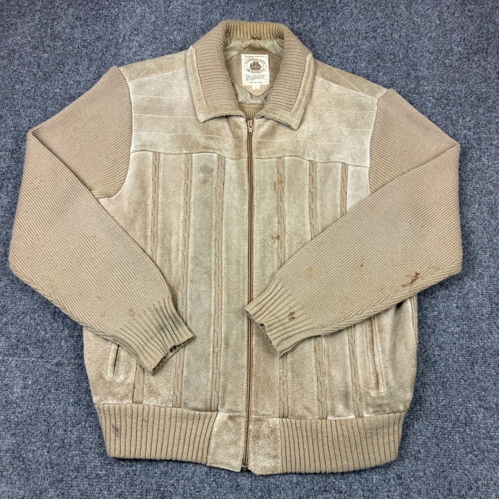 Vintage Caribou Bay Tan Suede Knit Bomber Jacket Mens Size Large Mixed Media
